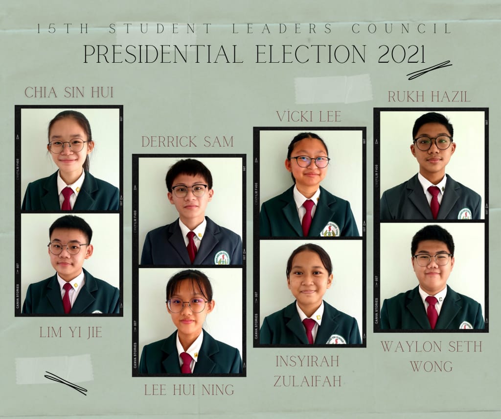 Seven student candidates in school uniforms pictured for the 15th Student Leaders Council Presidential Election 2021.